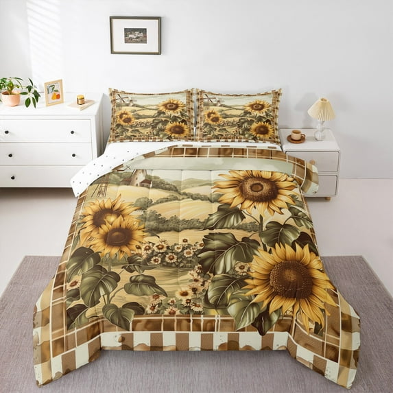 Manfei Yellow Sunflower Flower Bedding Comforter Set,Rustic Farmhouse Cabin Twin Comforter Sets,Country Floral Bedding Set For Kids,Ultra Soft Home Decor Reversible,2 Pieces