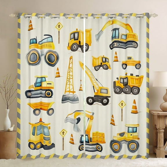 Manfei Yellow Tractor Curtains and Drapes (42x84), Cartoon Vehicle Curtains Pack of 2, Construction Truck Black Out Curtains, Window Drapes Bedroom Decor