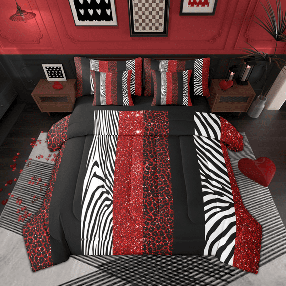 Manfei Zebra Cheetah Print Bedding Comforter Set 7-Piece, Geometric Stripe King Bedding Sets, Red White Black Aesthetic Bed Sheets for Girls, Super Cozy Room Decor