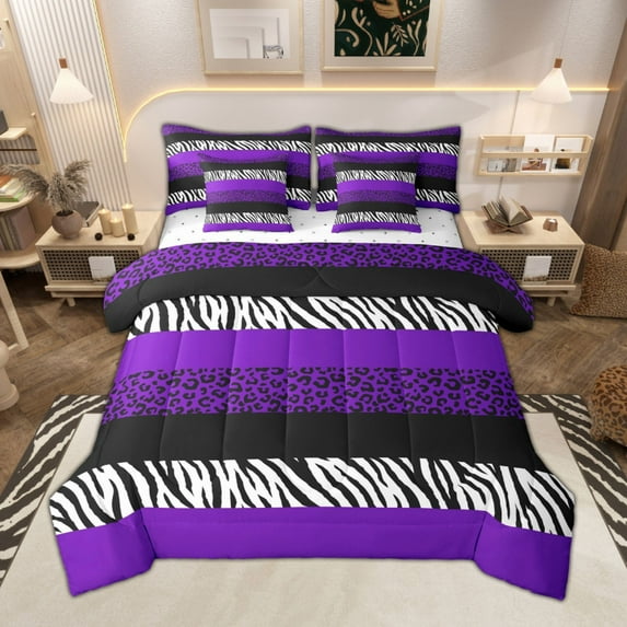 Manfei Zebra Cheetah Print Bedding Comforter Set 7 Pieces, Geometric Stripe Queen Bedding Sets, Purple White Black Aesthetic Queen Sheet Sets for Girls, Super Cozy Room Decor