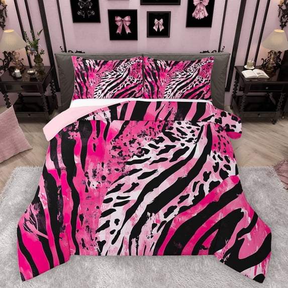 Homewish Zebra Cheetah Print Bedding Comforter Set, Black Pink Stripes Twin Comforter Sets, Vintage Oil Printing Reversible Bedding Set, Super Cozy Room Decor, 2 Pieces