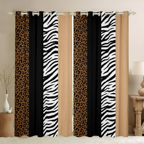 Manfei Zebra Cheetah Print Black Out Curtains, Geometric Stripe Curtains Pack of 2 (42x63 Each), Brown White Black Aesthetic Bedroom Curtains for Girls, Luxury Bedroom Decor