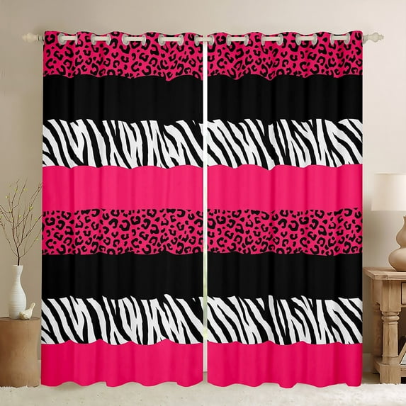 Manfei Zebra Cheetah Print Black Out Curtains, Geometric Stripe Curtains Pack of 2 (42x63 Each), Hot Pink White Black Aesthetic Bedroom Curtains for Girls, Luxury Bedroom Decor