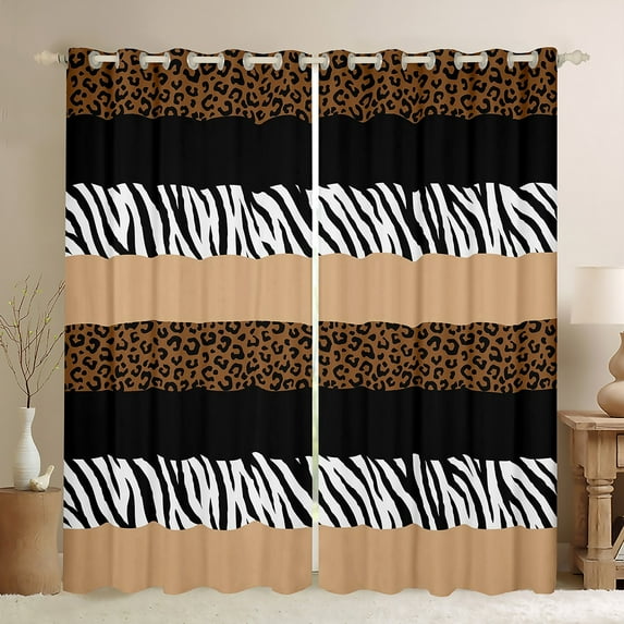 Manfei Zebra Cheetah Print Curtains Pack of 2 (42x84 Each), Geometric Stripe Curtains Blackout, Brown White Black Aesthetic Living Room Curtains for Girls, Luxury Home Decor