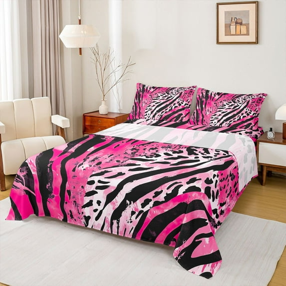 Homewish Zebra Cheetah Print Twin Sheet Sets, Black Pink Stripes Twin Fitted Sheet, Vintage Oil Printing Flat Sheet, Super Cozy Room Decor, 3 Pieces