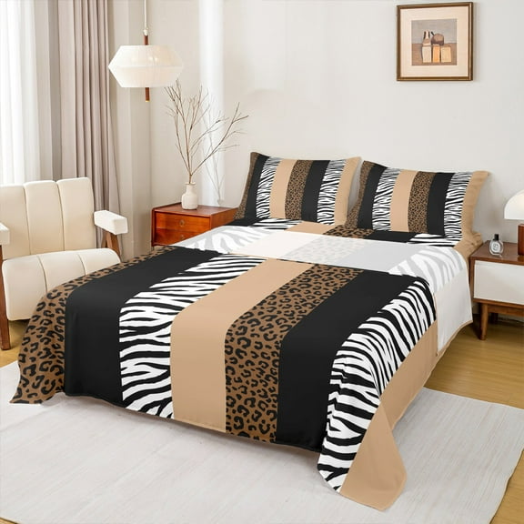 Manfei Zebra Cheetah Print Twin Sheet Sets, Geometric Stripe Twin Fitted Sheet, Brown White Black Aesthetic Flat Sheet for Girls, Microfiber Bedroom Decor 3 Pieces