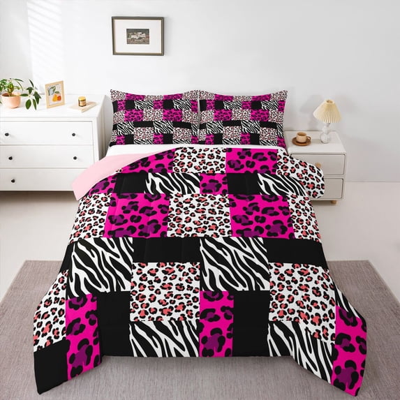 Manfei Zebra Leopard Print 3 Pieces Queen Comforter Set for Female Men Teens,Geometric Plaid Ultra Soft Bedding Sets,Animal Print Bedding Comforter Set,Breathable Home Decor,Reversible