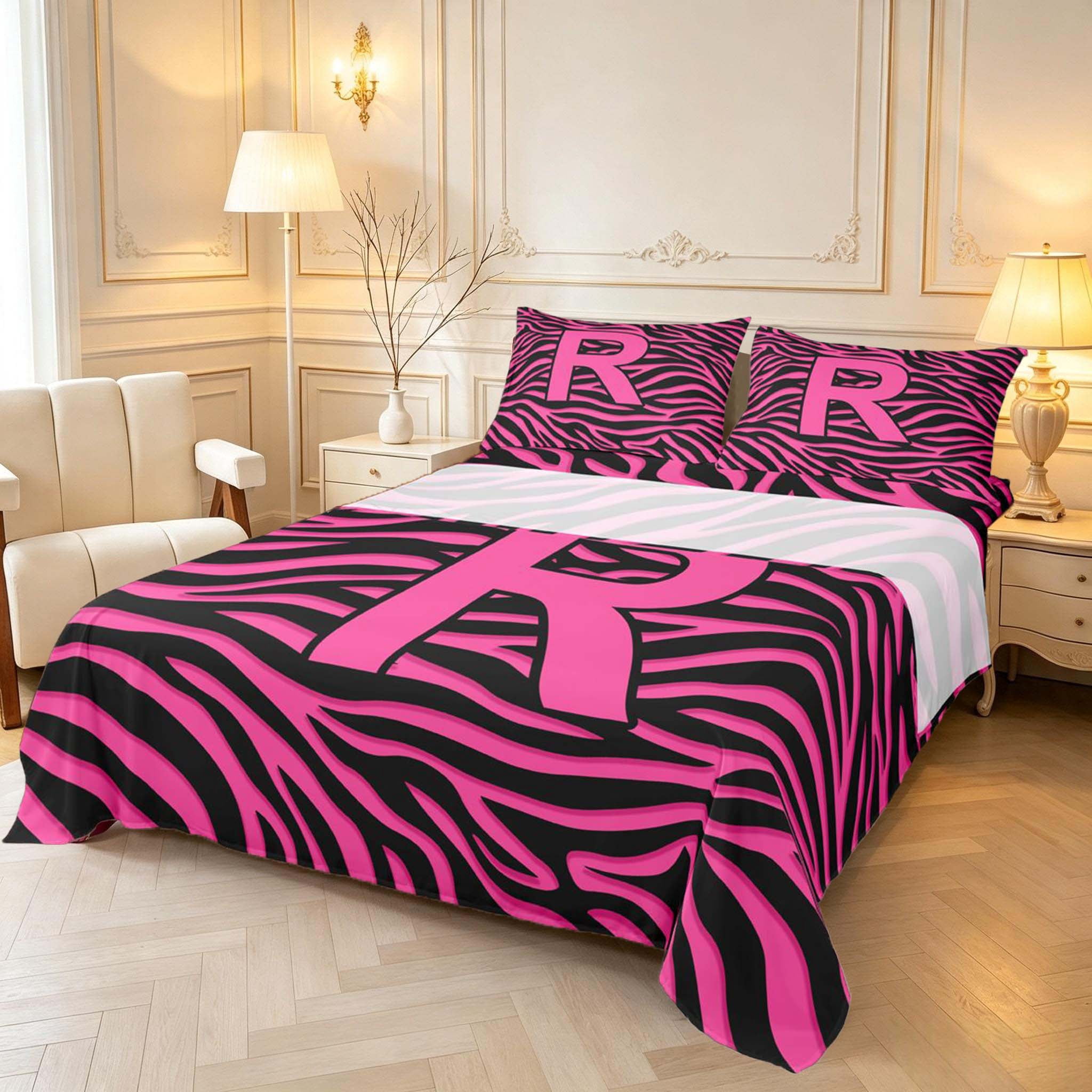 Manfei Zebra Lines Monogram R King Sheets,Hot Pink Bedding,4pcs,1 Flat