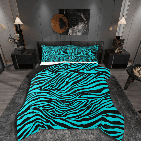 Manfei Zebra Print 2pcs Bedding Comforter Set,Abstract Stripes Twin Comforter Sets,Black Blue Bedding Set,Lightweight Animal Room Decorative,Reversible