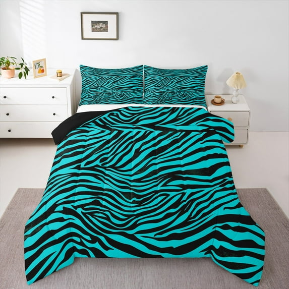 Manfei Zebra Print 3pcs King Size Comforter Sets,Abstract Stripes Bedding Comforter Set,Black Blue Bedding Set,Lightweight Animal Room Decorative,Reversible