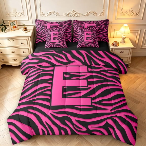 Manfei Zebra Print Alphabet E 7-Piece Twin Bedding,Hot Pink Bedding Comforter Set,Black Reversible