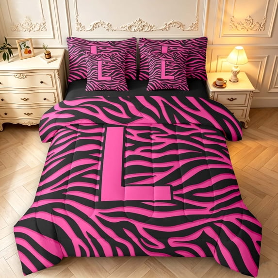 Manfei Zebra Print Monogrammed L 7-Piece King Bedding,Minimalist Art King Bed in a Bag,Hot Pink,Black Reversible