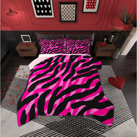 Manfei Zebra Striped Queen Comforter Set,Woodland Animal Bedding Sets,Pink Black Bedding Comforter Set For Teens Girls,Super Cozy Room Decor Reversible,3 Pieces