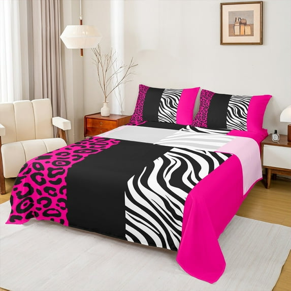 Manfei Zebra Stripes Bed Sheets,Leopard Print King Sheets,Pink Black Geometric Lines Sheet Set For Boys Girl,Ultra Soft Home Decor,4 Pieces