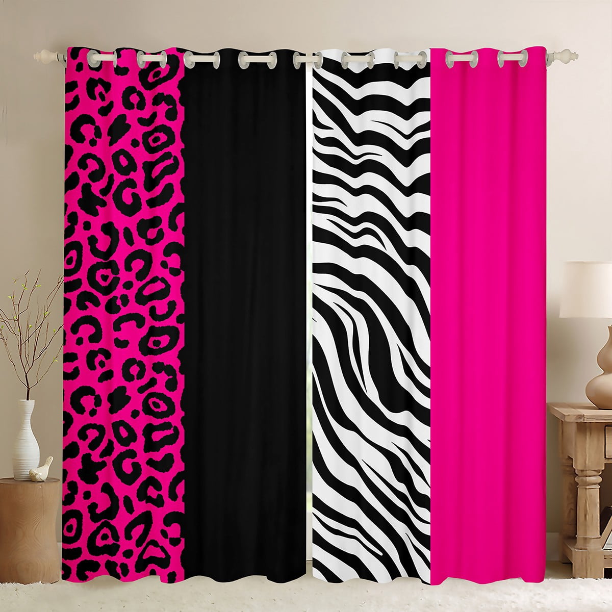 Manfei Zebra Stripes Curtains Pack of 2 (42x84 Each),Leopard Print Curtains Blackout,Pink Black Geometric Lines Bedroom Curtains For Boys Girl,Ultra Soft Home Decor