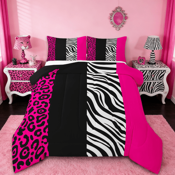 Manfei Zebra Stripes Full Size Comforter Sets,Leopard Print Bedding Comforter Set,Pink Black Geometric Lines Bedding Sets For Boys Girl,Ultra Soft Home Decor Reversible,3pcs