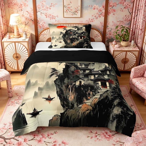 Manfei Zen Red Sun Cliff Twin Comforter Sets for Girls Women, Chinese Temple Bedding Set, Beige Black Red, Black Reversible 2pcs, 1 Comforter and 1 Pillowcase