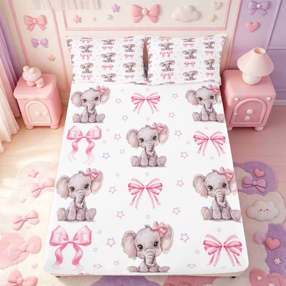 Manfei Zoo Animal Elephant Fitted Sheet Queen,Pink Coquette Bowknot Bedding,3 Pieces,1 Fitted Sheet and 2 Pillowcases
