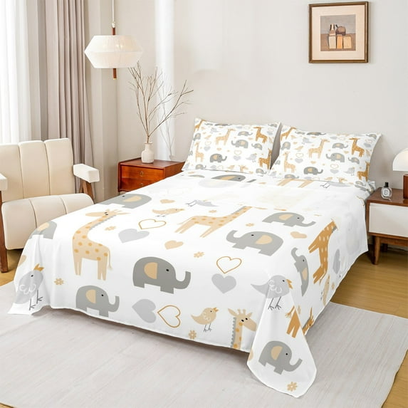 Manfei Zoo Animal Kids Twin Sheet Sets, Cartoon Elephant Giraffe Twin Fitted Sheet, Kawaii Love Heart Flat Sheet, Super Cozy Room Decor, 3-Piece