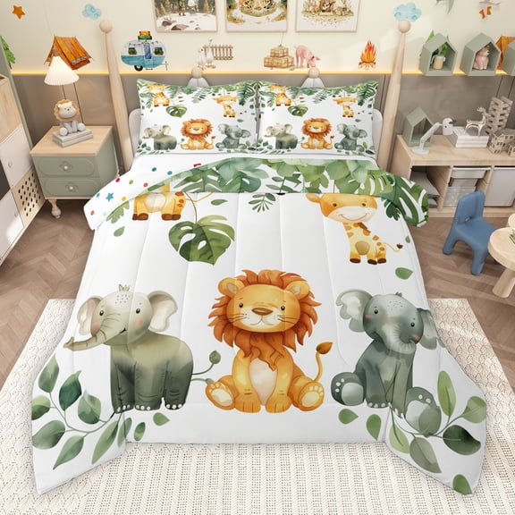 Manfei Zoo Lion Animal Twin Comforter Set, Cute Giraffe Elephant Green Palm 2-Piece