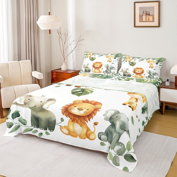 Manfei Zoo Lion Animal Full Size Sheets, Cute Giraffe Elephant Bed Sheets, Green Palm Botanical Sheet Sets, Lightweight Room Decor, 4 Pieces