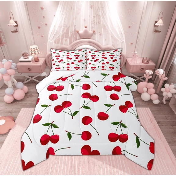 Feelyou Fresh Cherry Print King Size Comforter Sets, Girly Pink Bedding Comforter Set, Cartoon Fruit Bedding Set, Microfiber Bedroom Decorative, 3 Piece