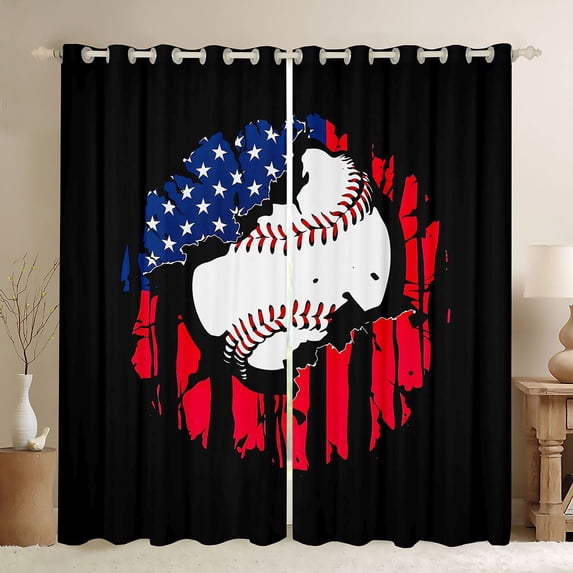 ManfeiUSA Flag Baseball Kitchen Curtains,Patriotic American Flag Black Out Curtains Pack of 2 (42x63 Each), Red White Black