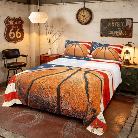 ManfeiUSA Flag Basketball Queen Sheets,Patriotic American Flag Queen Sheet Sets, Red White Orange, Navy Reversible 4-Piece (1 Flat Sheet, 1 Fitted Sheet and 2 Pillowcases)
