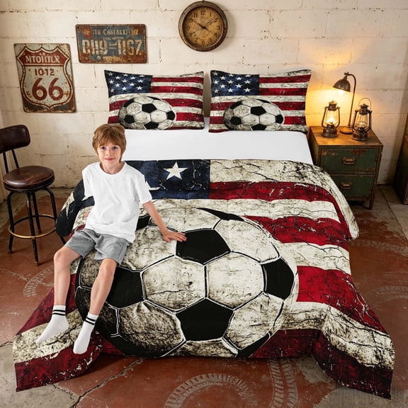 ManfeiUSA Flag Soccer Ball Full Size Comforter Sets,Patriotic American Flag Bedding Comforter Set, Red White Black, Navy Reversible 3pcs, 1 Comforter and 2 Pillowcases