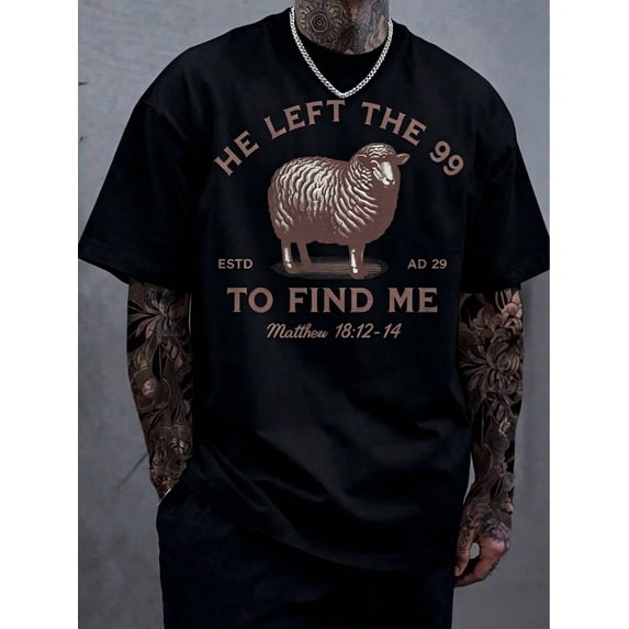 Manfinity Dauomo 99 T-Shirts Jesus Left, The Lord Is My Shepherd T-Shirt, Christian T-Shirt, He Left 99 To Save Me T-Shirt, Men T-Shirt