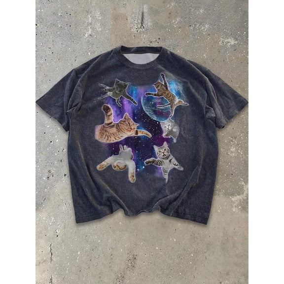 Manfinity Dauomo Men's Casual Cat Print Round Neck Short Sleeve T-Shirt