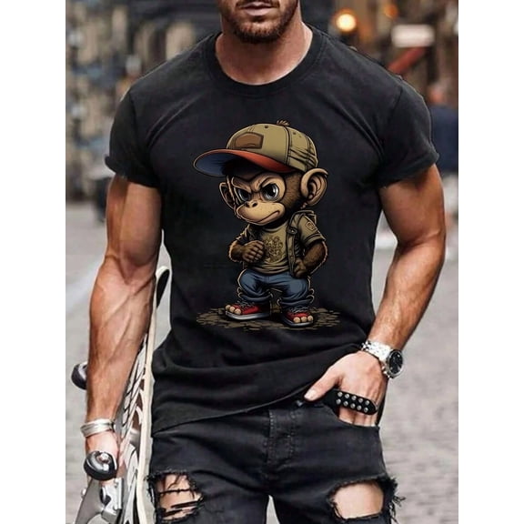Manfinity Dauomo Men's Summer Cartoon Monkey Printed Round Neck Short Sleeve Casual T-Shirt