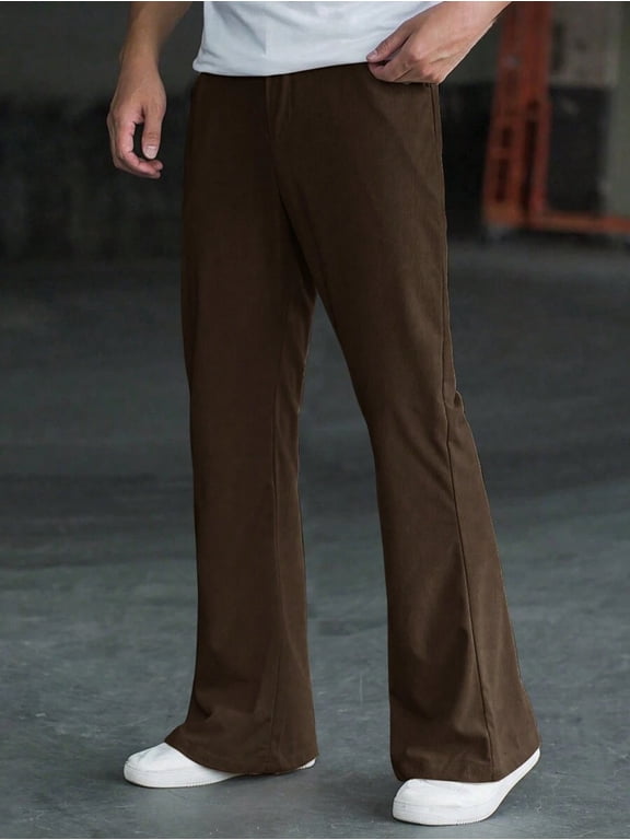 Manfinity Homme Men Solid Color Brown Minimalist Flare Leg Low Waist Corduroy Casual Pants, Fall