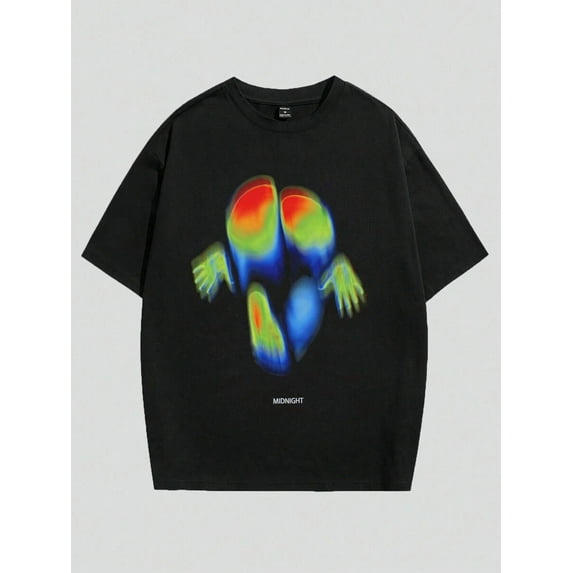 Manfinity ZONE917 Men Loose-Fit Funny Abstract Figure & Letter Graphic Print Short Sleeve Round Neck T-Shirt, For Going Out