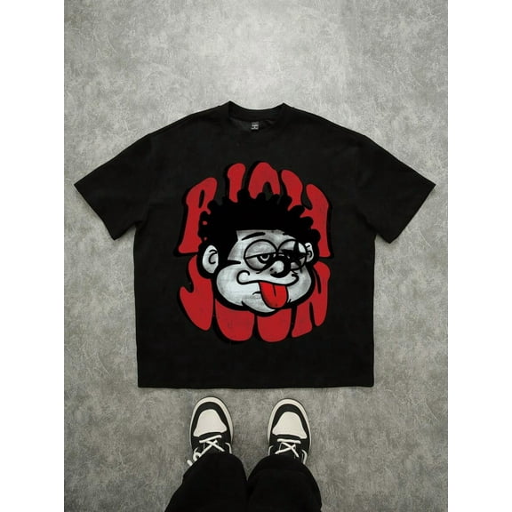 Manfinity ZONE917 Men's Loose Distressed Casual Graphic Print Black Oversized Drop Shoulder T-Shirt