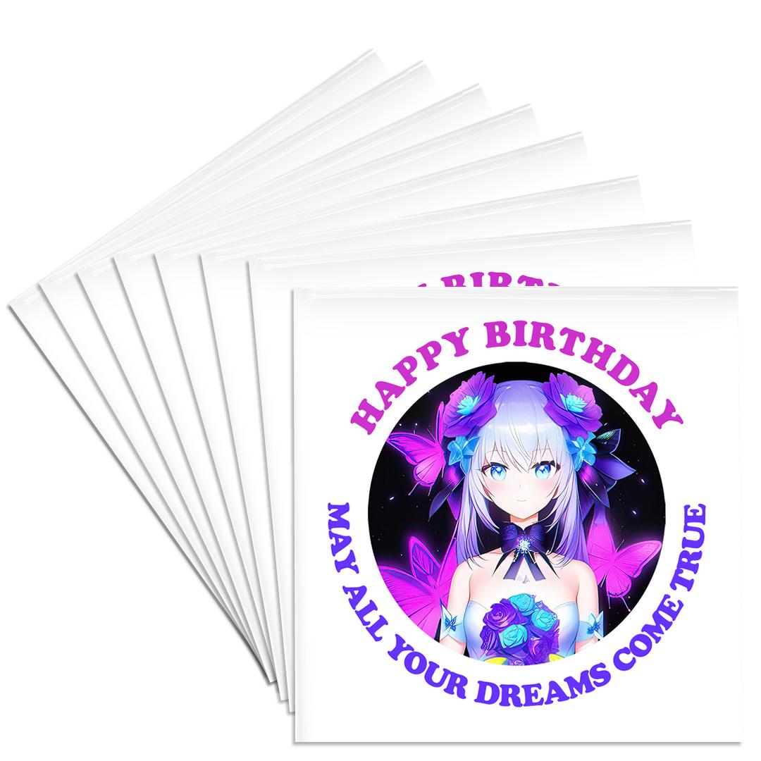 3drose, Manga Girl, Flowers, Butterflies. Neon Colors. Happy Birthday Card, Set of 8 Ceramic Tile Coasters