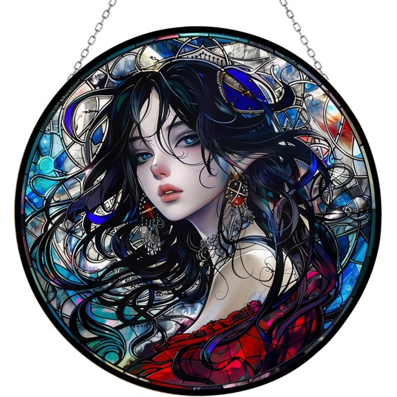 Manga Girl Stained Glass Window Hanging Sun Catcher Halloween Haning Ornament Decoration Christmas Birthday Gifts for Lover and Friends
