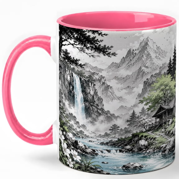 Manga Mountain Cabin Coffee Mug, Black White Nature Mug, Outdoor Hiking Birthday Christmas Gift, Waterfall River Cottage Landscape Art, 11 oz White Ceramic Coffee Cup Gift for Tea