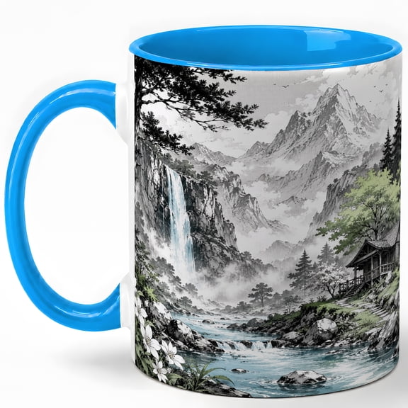 Manga Mountain Cabin Coffee Mug, Black White Nature Mug, Outdoor Hiking Birthday Christmas Gift, Waterfall River Cottage Landscape Art, 11 oz White Ceramic Coffee Cup Gift for Tea