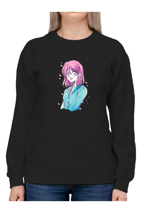Manga Schoolgirl Grinning Sweatshirt Women - Women Sweatshirt, Black, Small