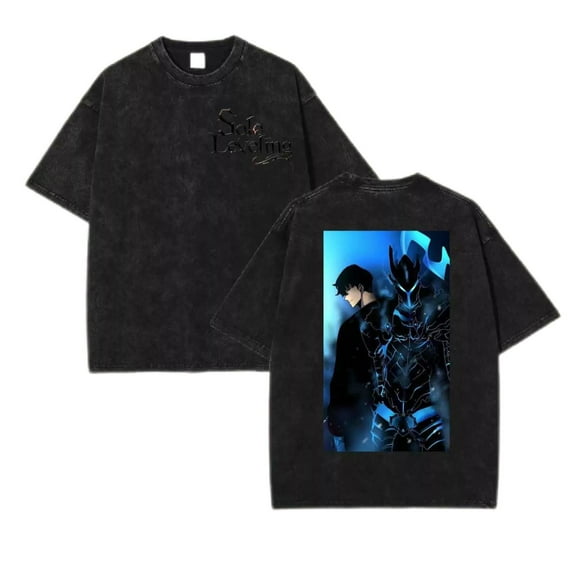 Manga Solo Leveling T-shirt Men Hip Hop Streetwear Jin Woo Sung Tshirt Washed Black Vintage T-shirt