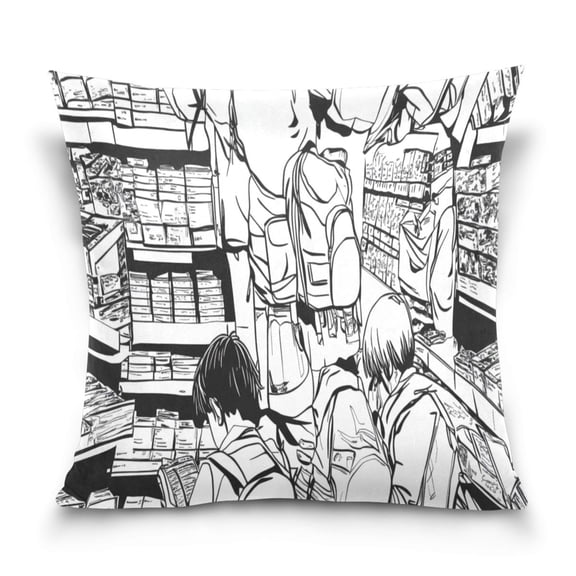 Manga Style Bookstore 18x18 Inch Plush Velvet Pillowcase Double Sided Print, Hidden Zipper