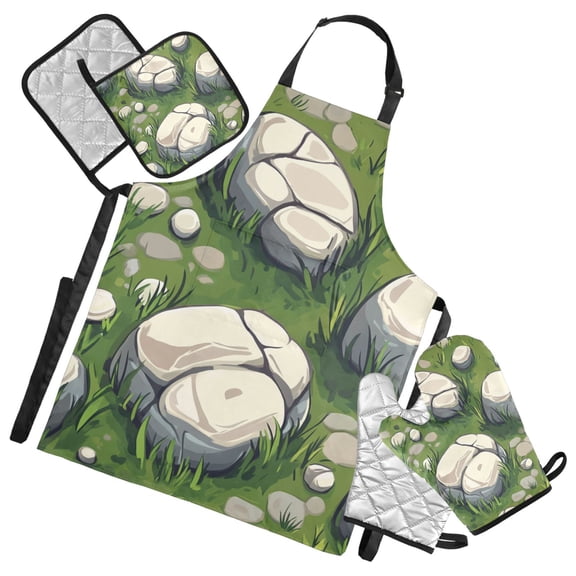 Manga Style Silver Little Rock Oven Mitts and Pot Holders with Chef Apron Set 5 Pcs Kitchen Cooking Set