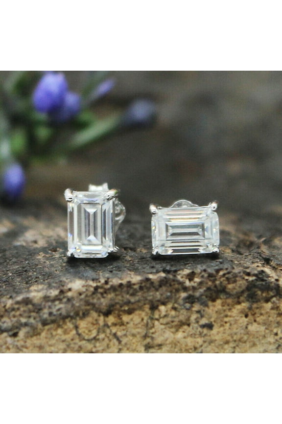 3 Ct Emerald Cut Diamond Solitaire Womens Stud Earrings 14k White Gold Finish