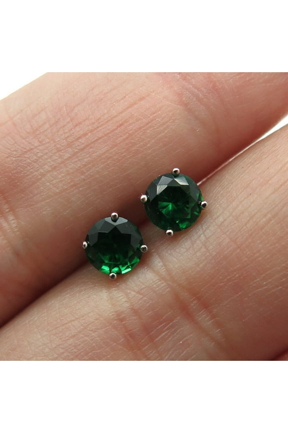 Mangal Jewels 3 Ct Round Cut 4mm Green Emerald Solitaire Womens Stud Earrings 14k White Gold Finish