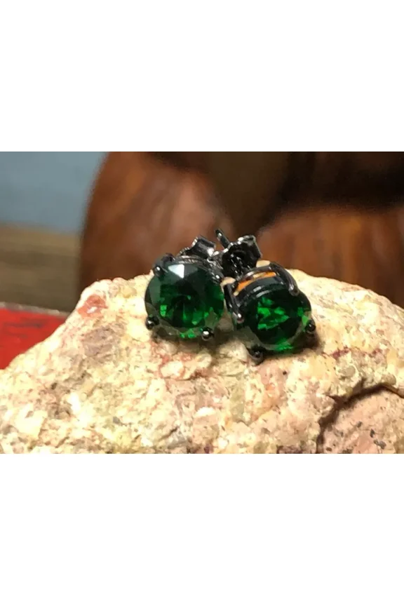 3 Ct Round Cut 4mm Green Emerald Solitaire Womens Stud Earrings 14k Black Gold Finish