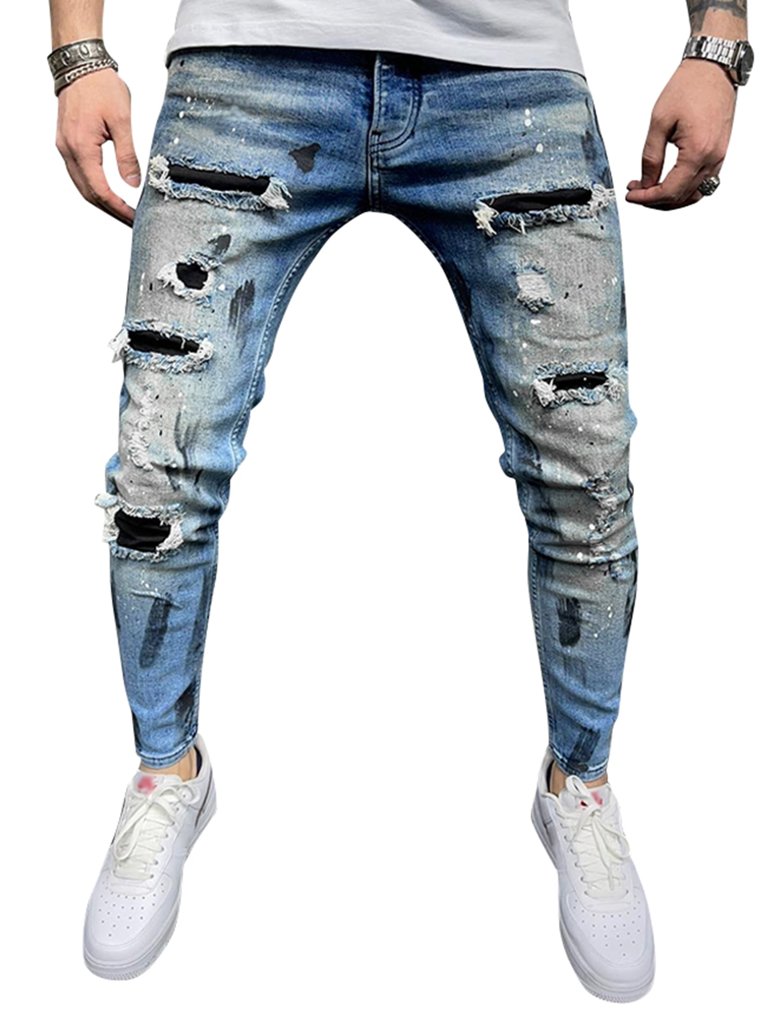 Stitching Jeans | Motorcycle Pant - Retro Street Hole Jeans Men Pant Hip  Hop Ripped - Aliexpress
