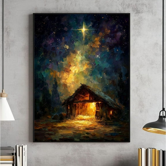 Manger Wall Art, Nativity Print, Christian, Jesus Nativity, Star, Manger Home Decor #204, Unframed Canvas Size 16x24