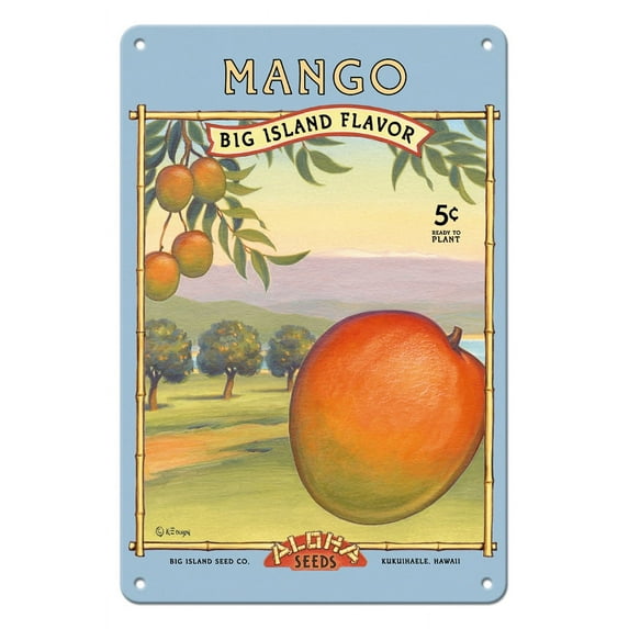 Mango - Aloha Seeds - Big Island Seed Company - Big Island Flavor - Vintage Seed Packet by Kerne Erickson - 8 x 12 inch Vintage Metal Tin Sign