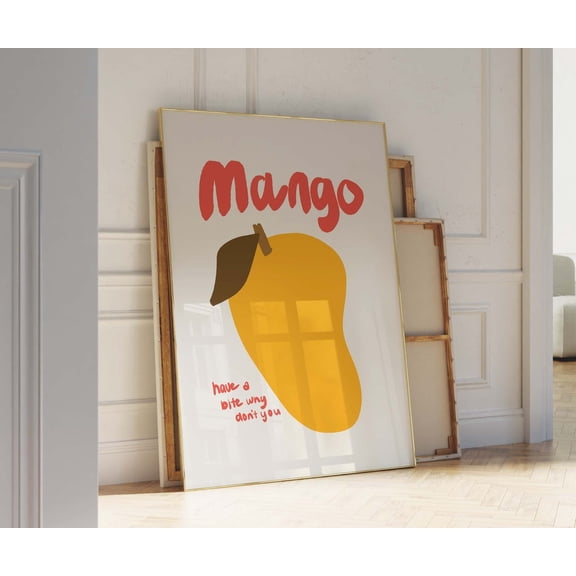 Mango Hand Drawn Fruit Illustration Yellow and Red Kitchen Art, Unframed Canvas 8x10in